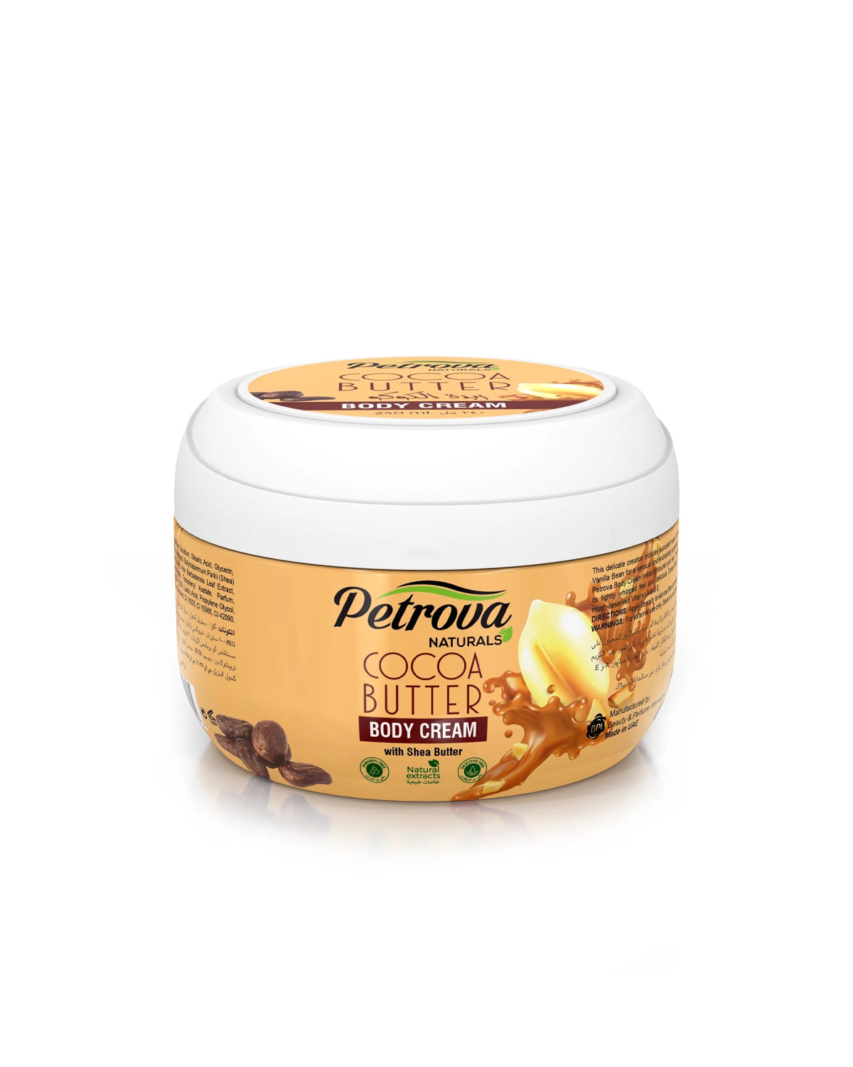 Petrova Cocoa Butter Body Cream for men and women. Provides deep moisturization and give your skin a boost of sleekness. For all skin types, especially for people with dry skin and sensitive skin. Body cream for glowing skin. Best body cream. Body cream for dry skin. Body cream bath and body works. Made in Dubai, UAE.