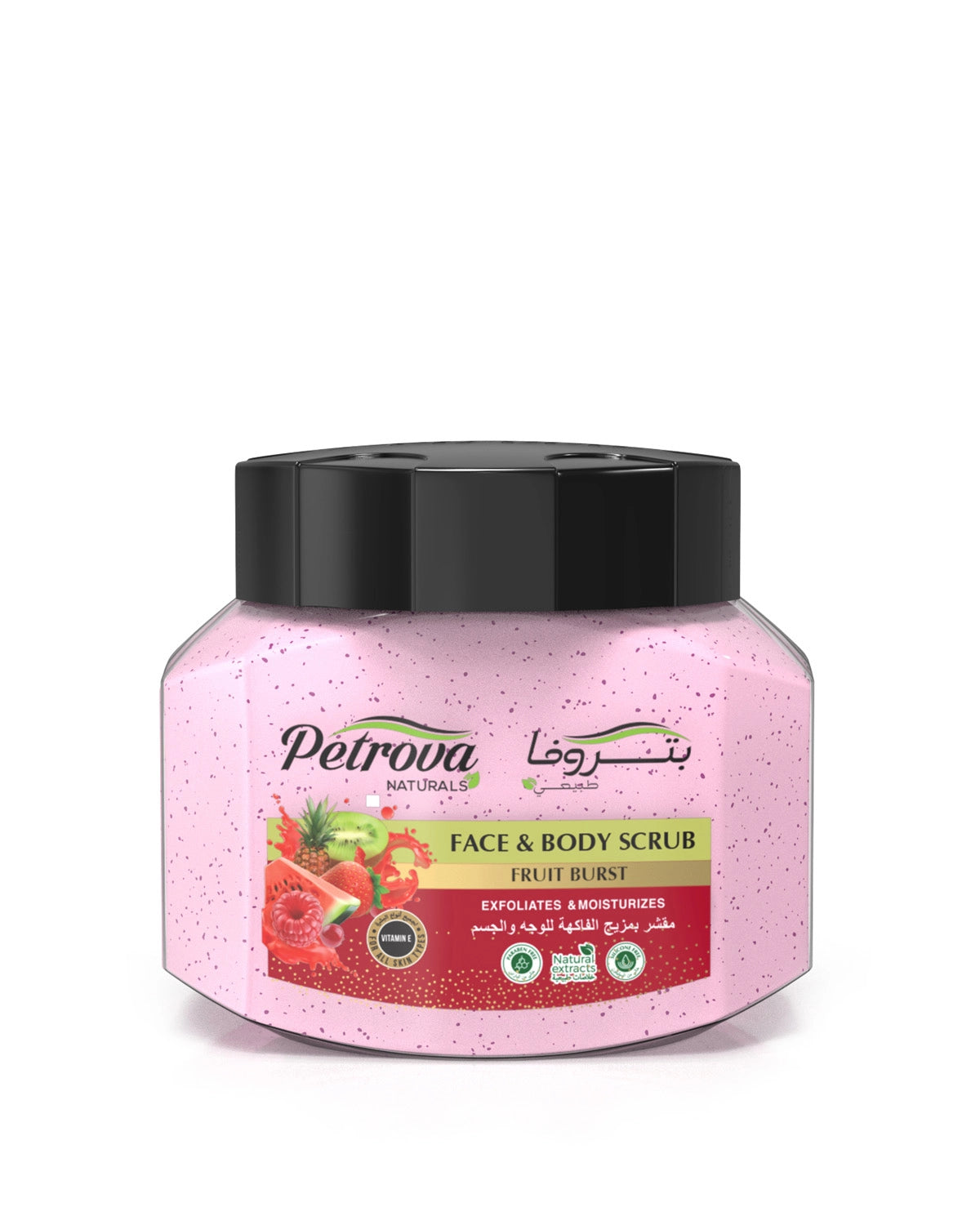 Petrova Fruit Burst Face and Body Scrub for women and men. Infused with the beautiful fragrance, natural extracts and vitamin E. A silicon-free formula that nourishes the skin’s imperfections and moisturizes it. Made for people with dry and sensitive skin. Face and body scrub UAE. Made in Dubai, UAE.