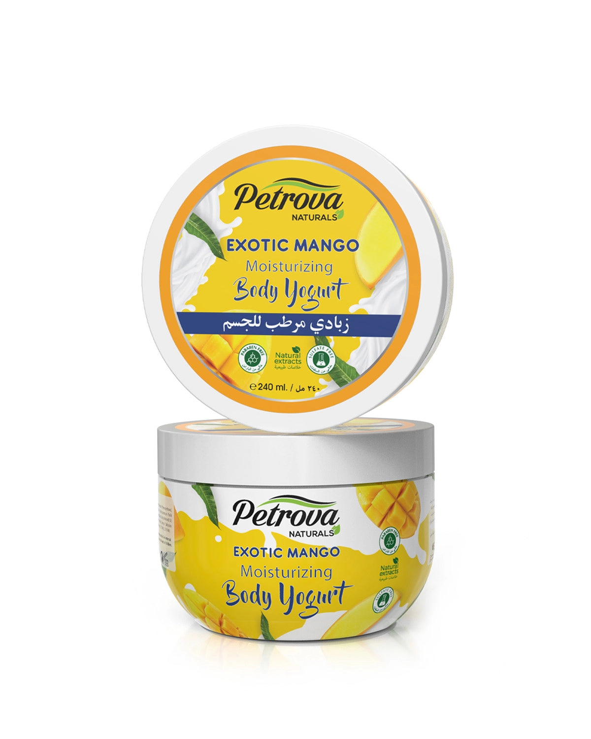 Petrova Mango Body Yogurt for women and men. Infused with natural extracts and mango. Its quick-absorbing formula boosts suppleness and nourishes the skin. For all skin types, especially for people with dry skin and sensitive skin. Best body yogurt. Body yogurt body shop. Made in Dubai, UAE.