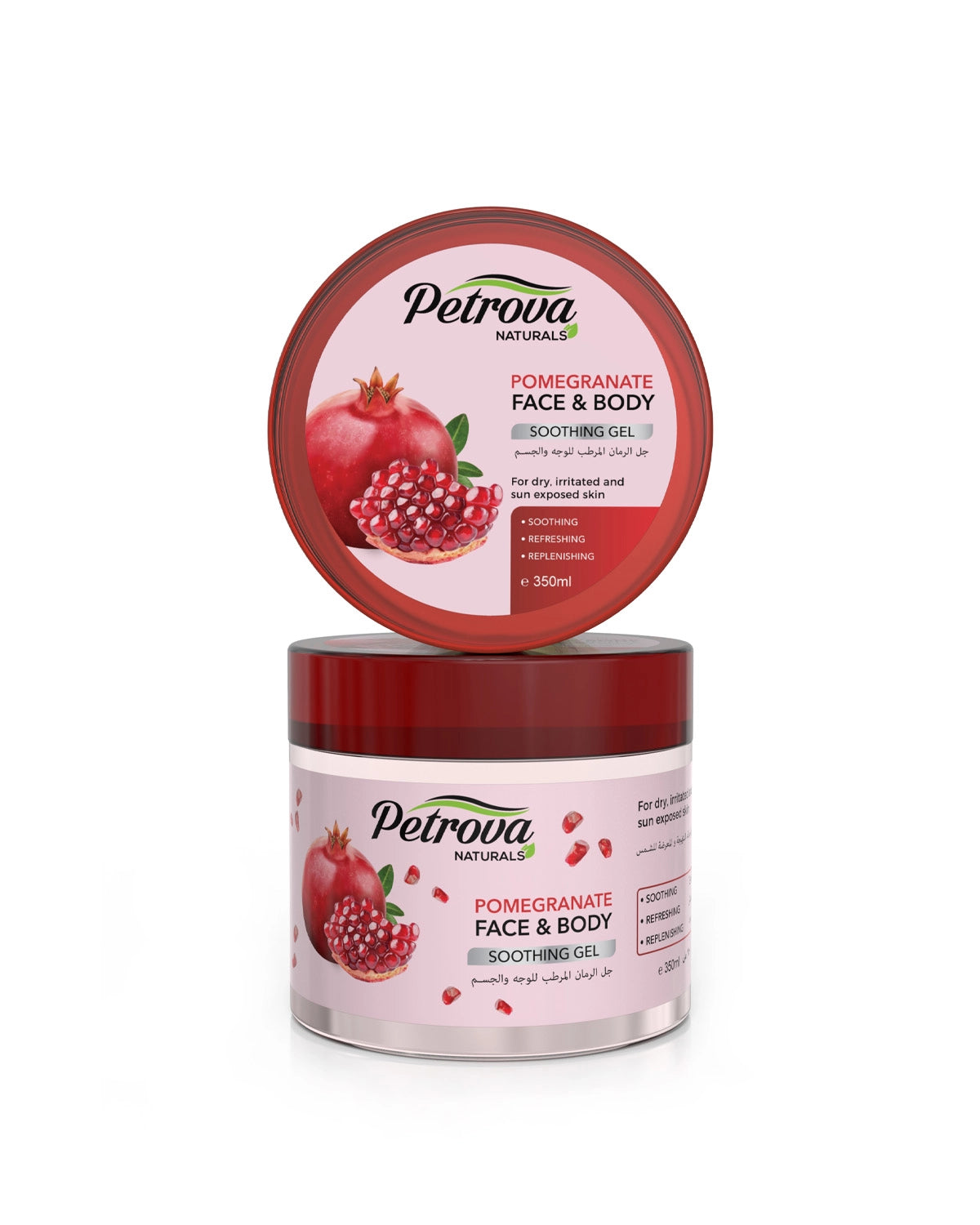 Petrova Pomegranate Face & Body Soothing Gel for men and women. Enriched with Pomegranate and natural extracts. It effectively soothes and refreshes the face and body making the skin fresh and supple all day long. Best soothing gel. Made for people with dry, irritated, and sun exposed skin. Made in Dubai, UAE.