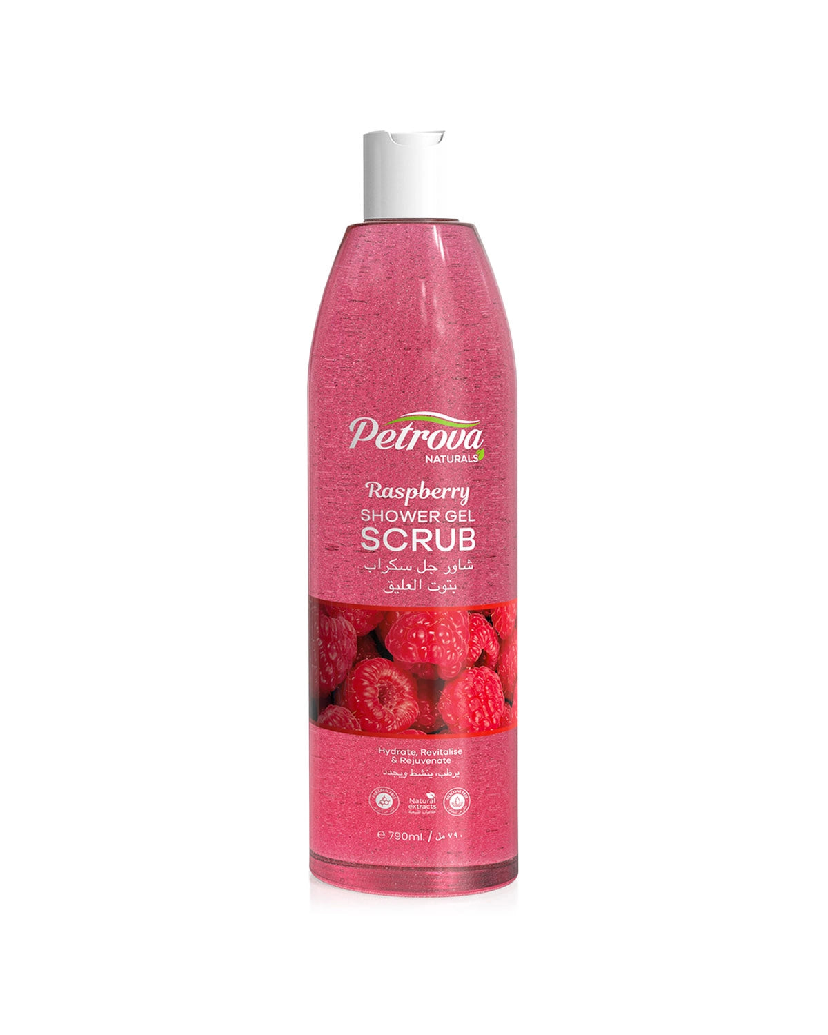 Petrova Raspberry Shower Gel Scrub for women and men. Infused with natural extracts and a strawberry scented formula. Best shower gel scrub for smooth and glowing skin. For people with dry and sensitive skin. Shower gel exfoliating. Made in Dubai, UAE.