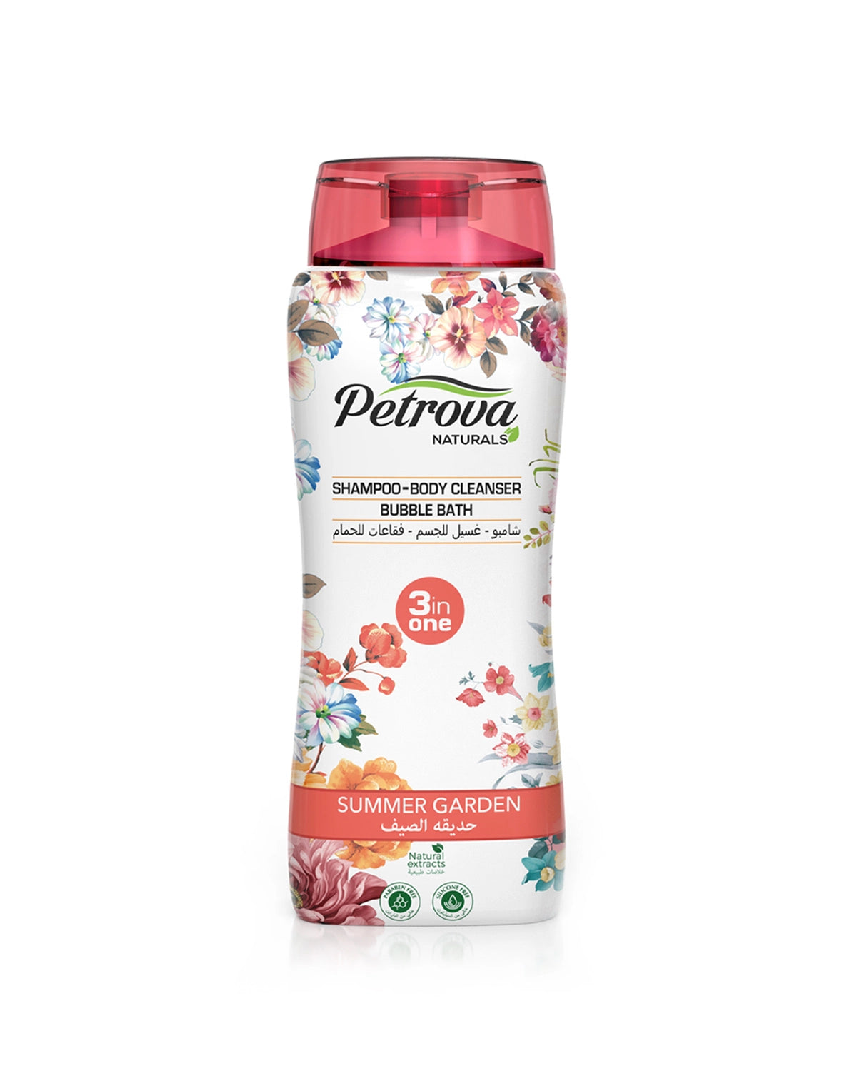 Petrova Summer Garden 3in1 Shampoo, Body Cleanser & Bubble Bath is silicon free and infused with natural extracts, that gently cleanse both your body & hair while leaving them soft, moisturized and beautifully scented. In addition, it’s bubble bath function helps in transforming an ordinary bath into a relaxing spa. Bubble bath soap. Shower gel UAE. Body wash for men. Body wash for women. Best shampoo. Made in Dubai, UAE.