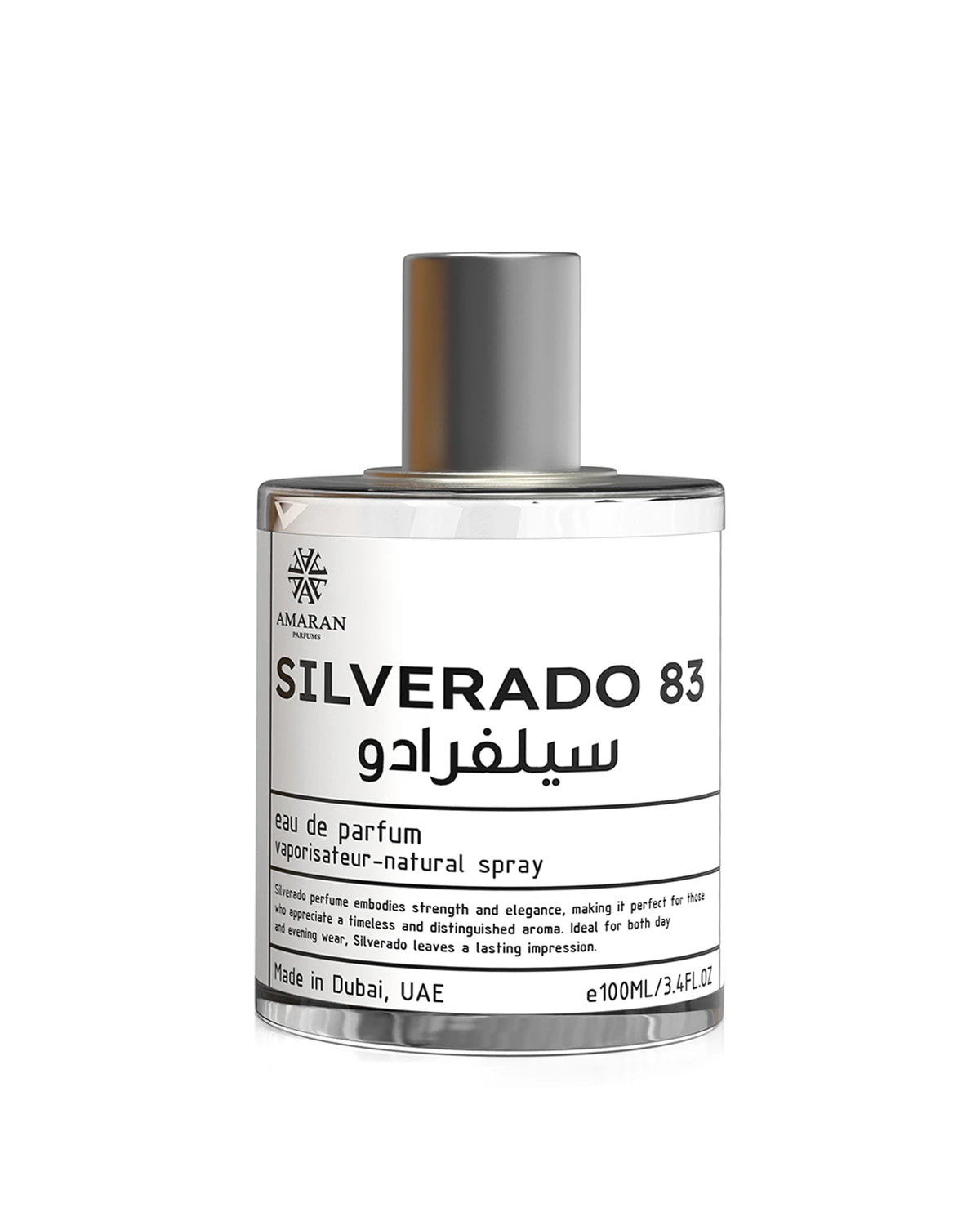 Amaran Silverado 83 Eau de Parfum for woman and men. A unisex perfume made in Dubai, UAE