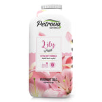 Petrova Lily Talcum Powder for women and men. Infused with natural extracts and paraben free formula. It absorbs sweat. Fragranced talcum powder. Refreshing talcum powder. Made in Dubai, UAE.