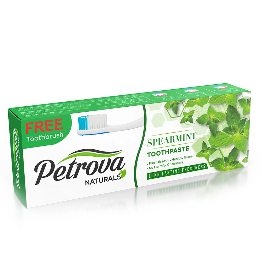 Petrova Spearmint Toothpaste for men and women. Enriched with natural extracts and no harmful chemicals. It provides healthy gums and strong teeth. Best toothpaste for bad breath. Toothpaste for Gum Care. Colgate Toothpaste. Made in Dubai, UAE.