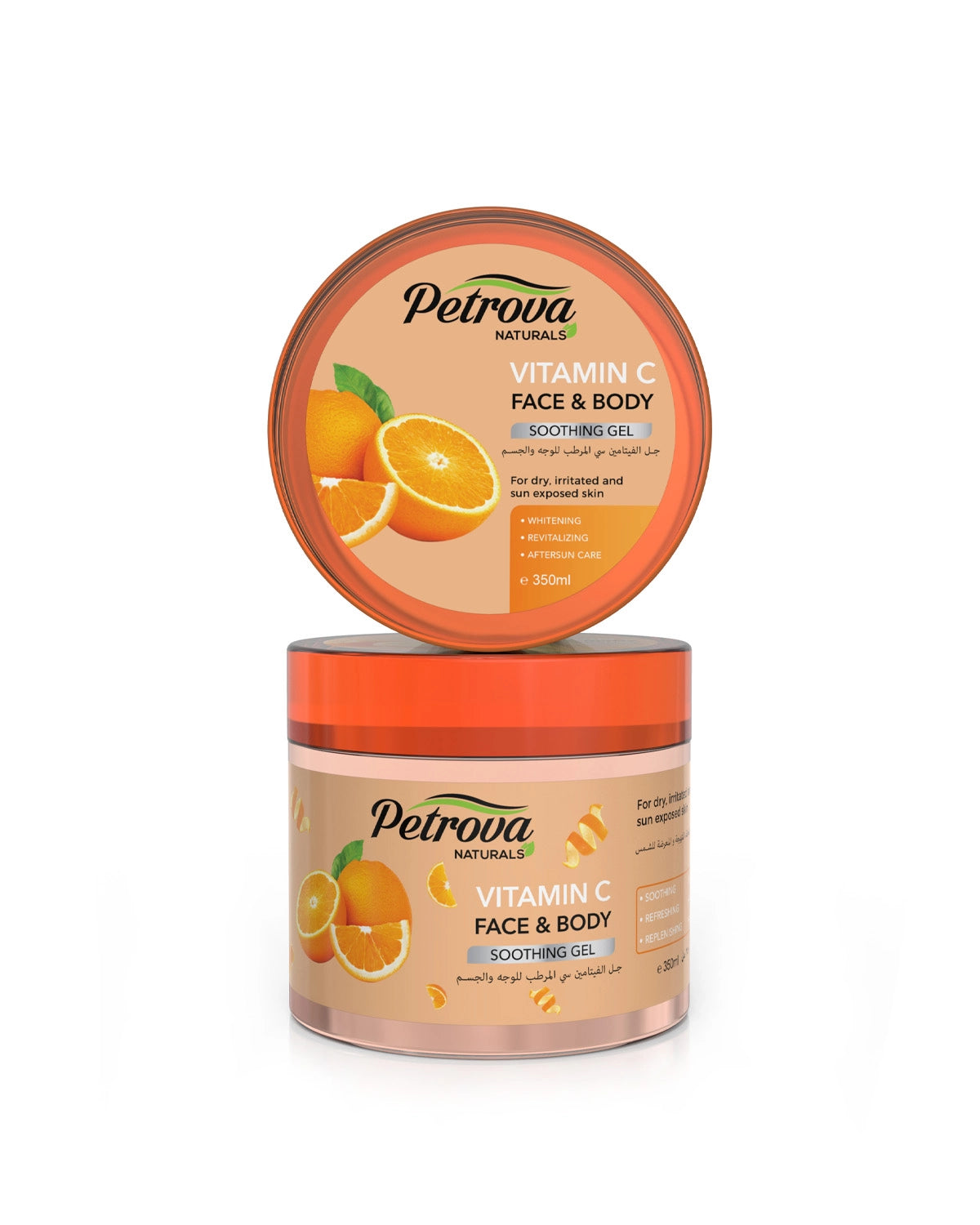Petrova Vitamin C Face & Body Soothing Gel for women and men. Enriched with Vitamin C and natural extracts. It effectively brightens, revitalizes, and reveals glowing skin for the face and body. Multi-purpose Soothing Face & Body Gel. Made for people with dry, irritated, and sun-parched skin. Soothing gel for face. Made in Dubai, UAE.