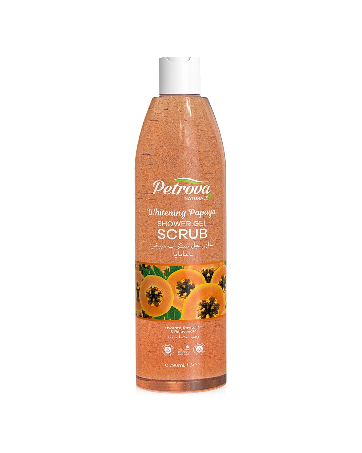 Petrova Whitening Papaya Shower Gel Scrub, perfect for men and women. Infused with papaya extracts formula. Rejuvenating shower gel scrub deeply cleanse, fades dark spots over time, and clears body complexion. For people with oily, dry, and sensitive skin. Best whitening shower gel in Dubai. Shower scrub. Made in Dubai, UAE.