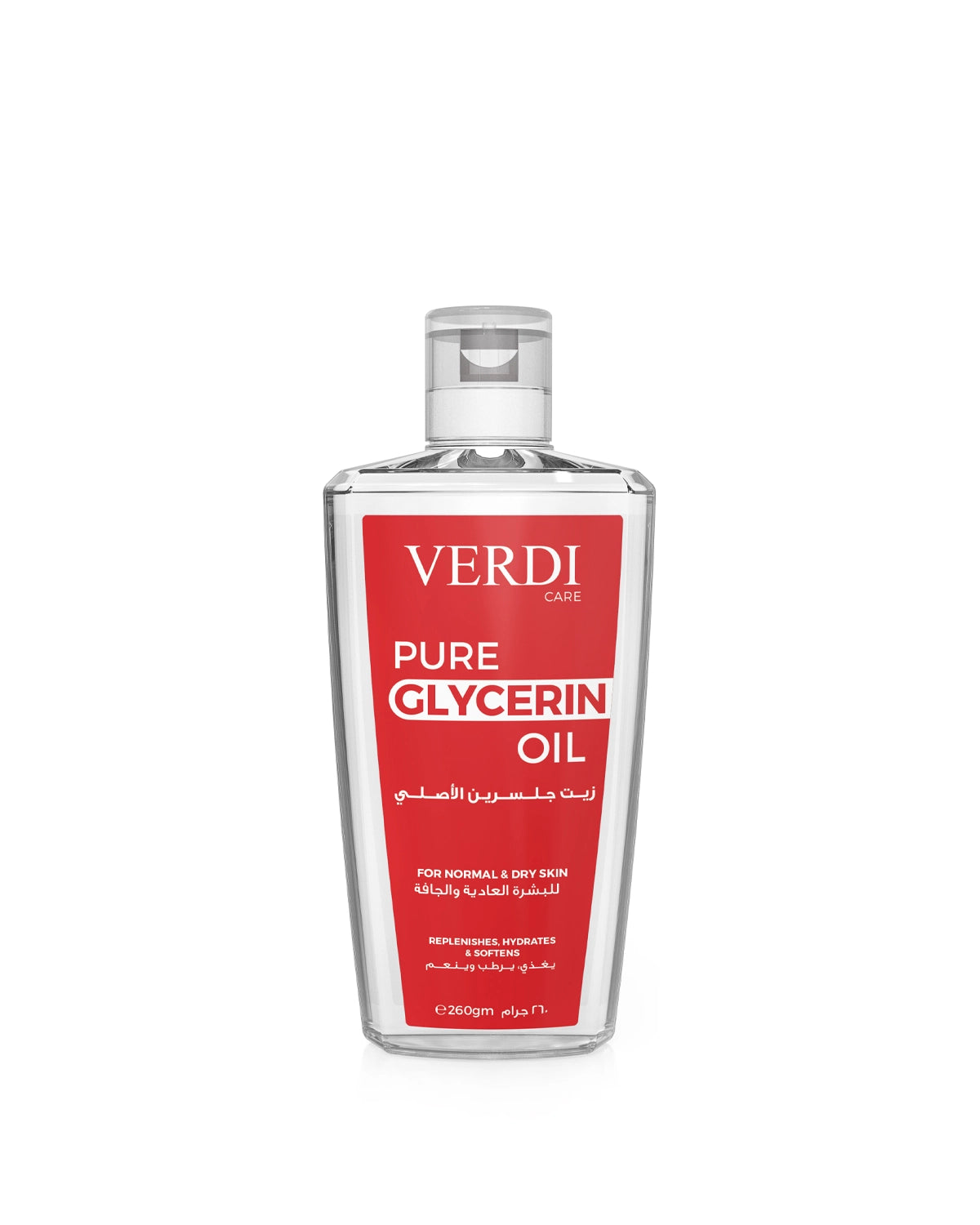 Verdi Pure Glycerin Oil for woman and men. Made with 100% pure glycerin. Its moisturizing properties hydrates dry skin and helps retain moisture content. Made for people with normal and dry skin. Suitable for both face and body. Made in Dubai, UAE.