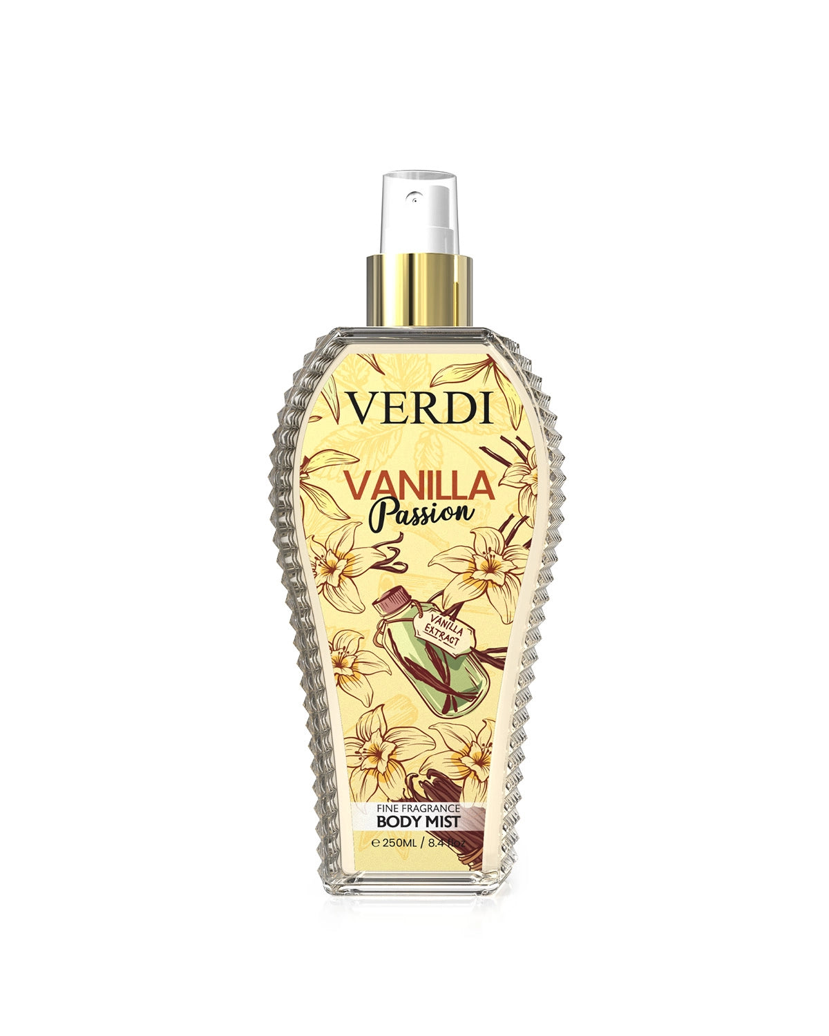 Verdi Vanilla Passion Body Mist for women and men. A long lasting luxurious fragrance made with vanilla flower. Made in Dubai, UAE.